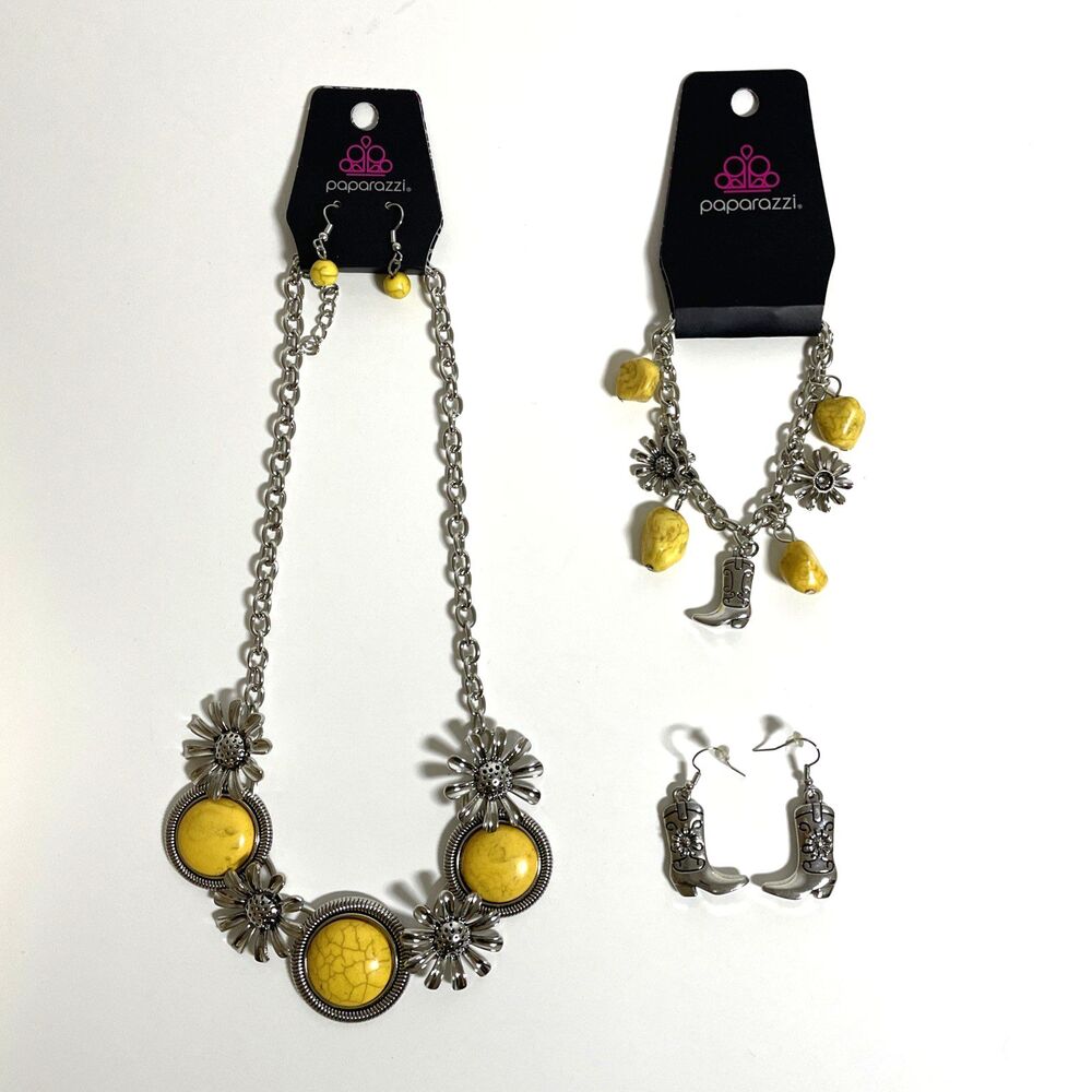 Paparazzi Flower Necklace Earring Bracelet Sets Yellow Accent and Boots NWT